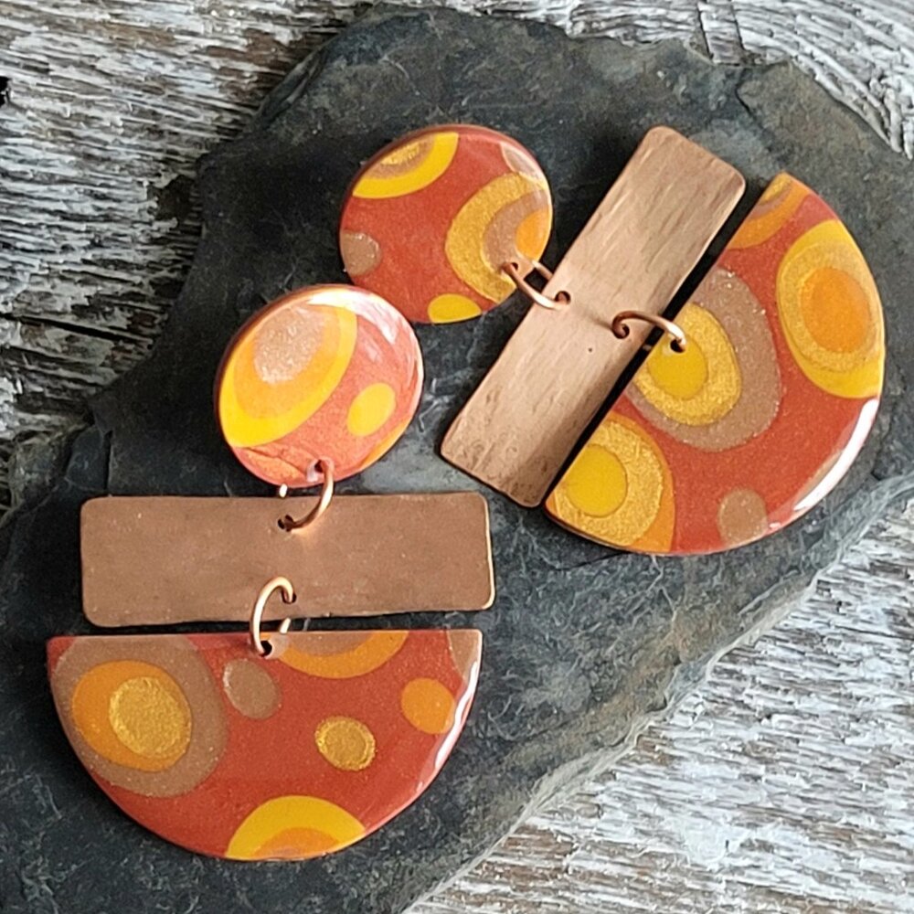 Retro Style Handmade Polymer Clay and Copper Drop Earrings